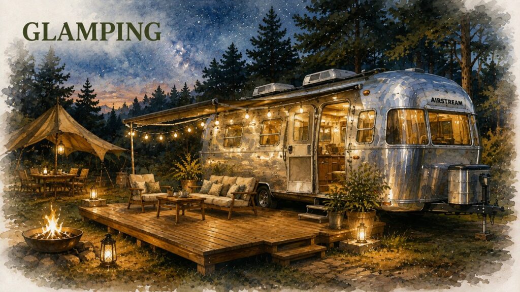 グランピングとして活用する中古エアストリーム(Airstream)のイメージイラスト