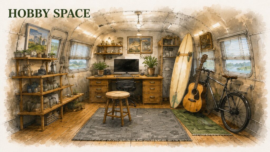 趣味の空間として活用する中古エアストリーム(Airstream)のイメージイラスト