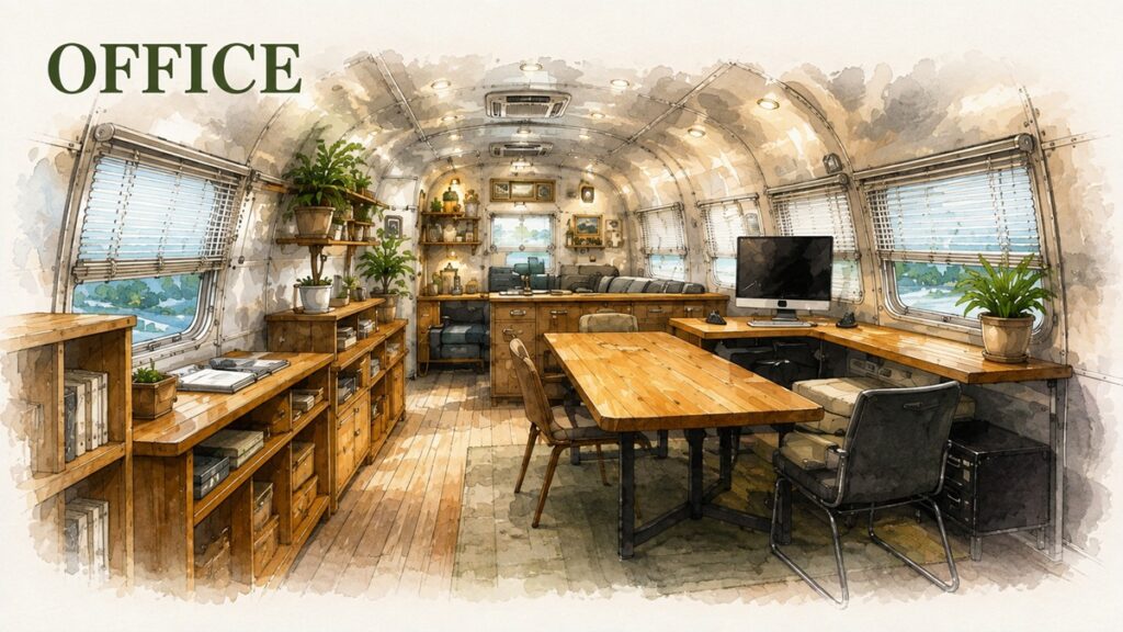 オフィスとして活用する中古エアストリーム(Airstream)のイメージイラスト