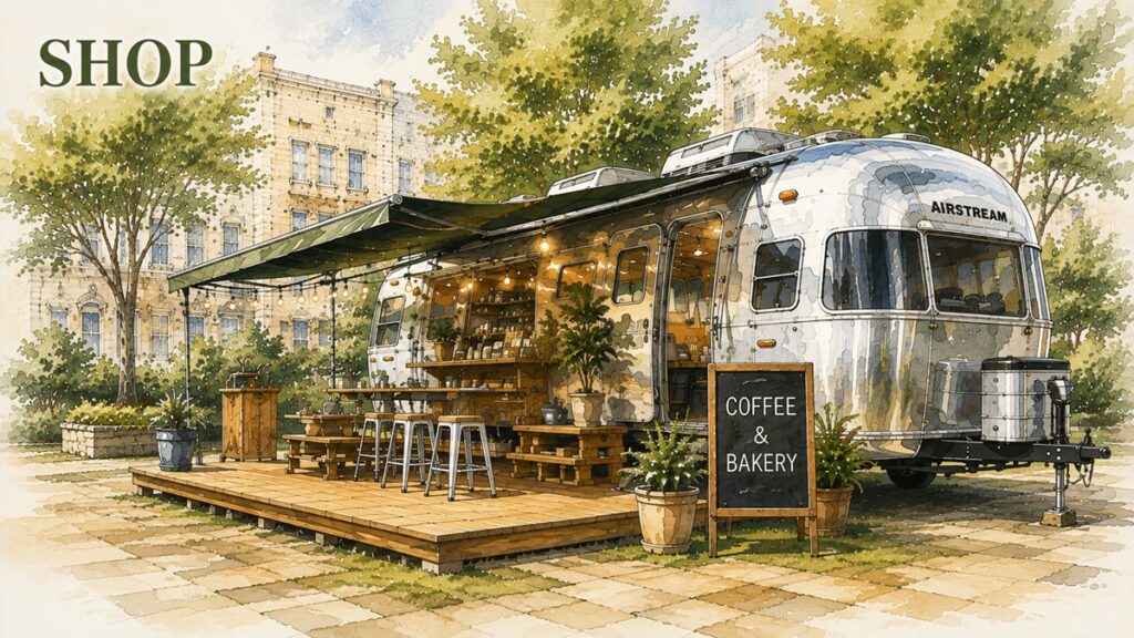 店舗として活用する中古エアストリーム(Airstream)のイメージイラスト